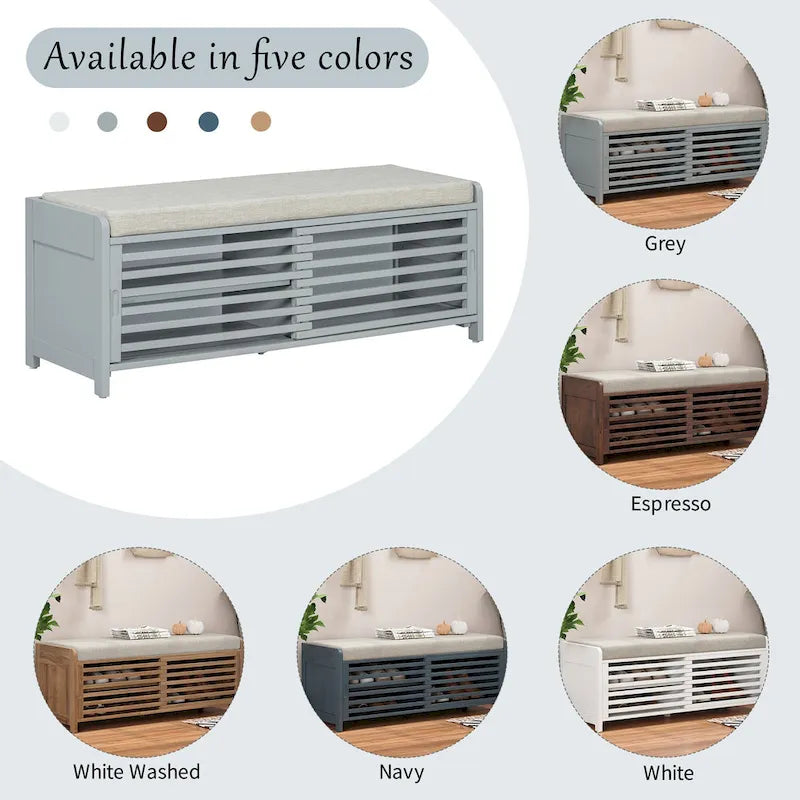 Entryway Shoe Cabinet, Distressed Shutter Storage Bench with Acacia Veneer for Retro Charm for Living Room, Entryway