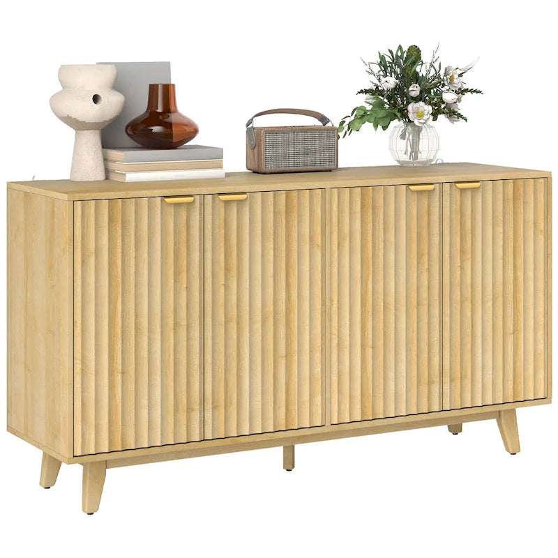 Fluted Sideboard Buffet Cabinet, 55 Modern Accent Console Cabinet with 4 Doors, 2 Adjustable Shelves and 5 Wood Legs