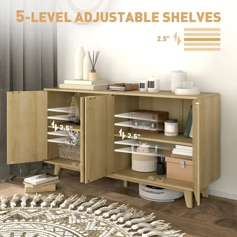 Fluted Sideboard Buffet Cabinet, 55 Modern Accent Console Cabinet with 4 Doors, 2 Adjustable Shelves and 5 Wood Legs