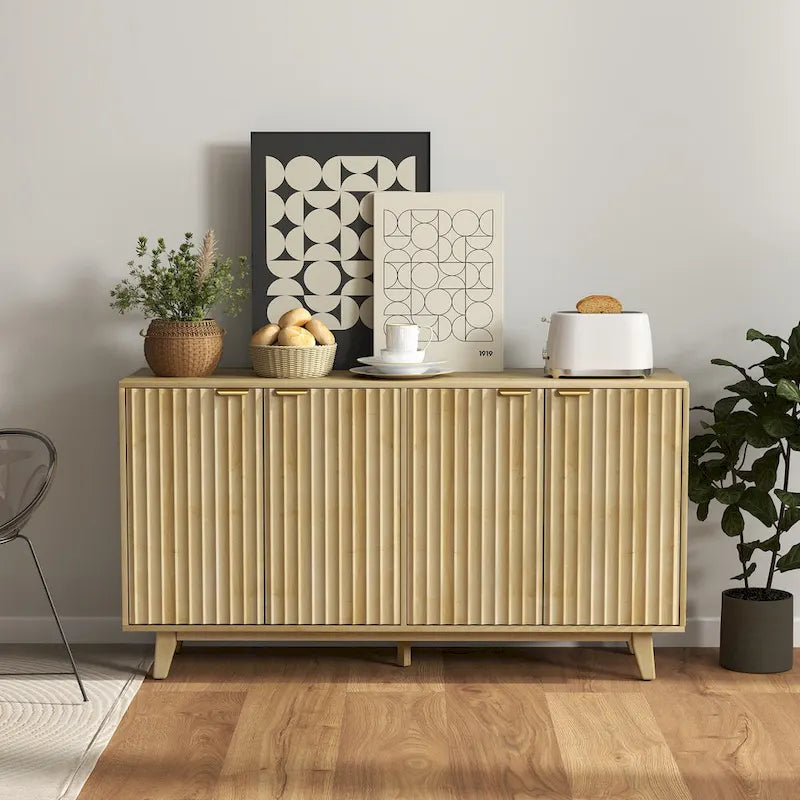 Fluted Sideboard Buffet Cabinet, 55 Modern Accent Console Cabinet with 4 Doors, 2 Adjustable Shelves and 5 Wood Legs