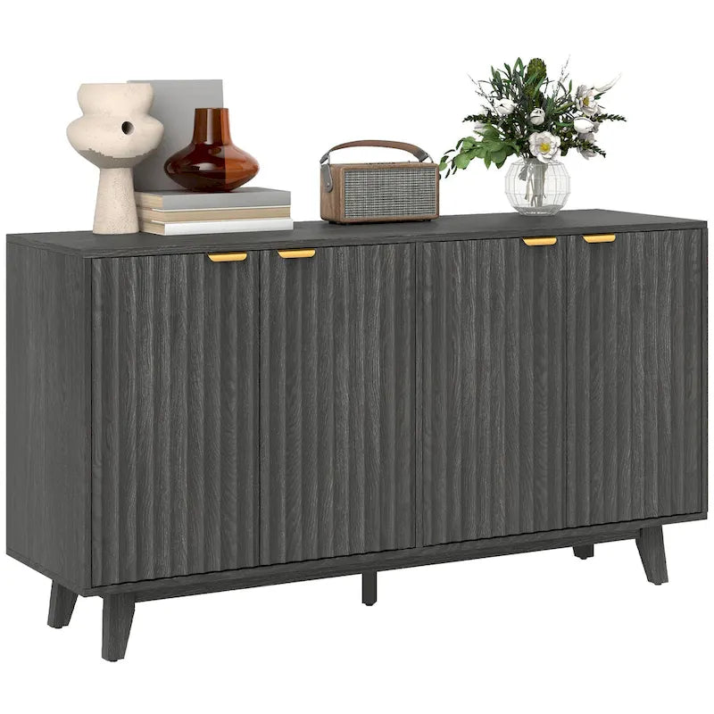 Fluted Sideboard Buffet Cabinet, 55 Modern Accent Console Cabinet with 4 Doors, 2 Adjustable Shelves and 5 Wood Legs