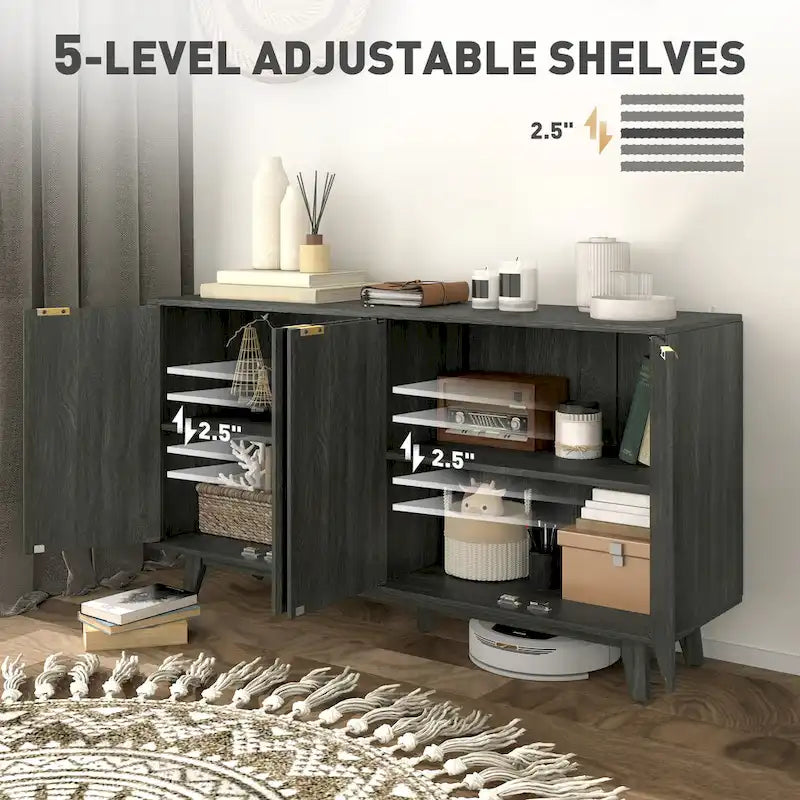 Fluted Sideboard Buffet Cabinet, 55 Modern Accent Console Cabinet with 4 Doors, 2 Adjustable Shelves and 5 Wood Legs