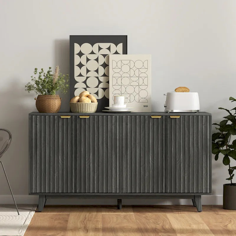 Fluted Sideboard Buffet Cabinet, 55 Modern Accent Console Cabinet with 4 Doors, 2 Adjustable Shelves and 5 Wood Legs