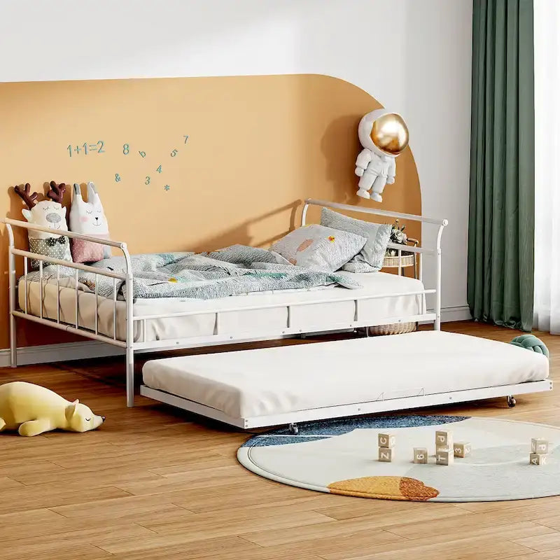 Metal Daybed with Curved Handle Design and Twin Size Trundle for Bedroom