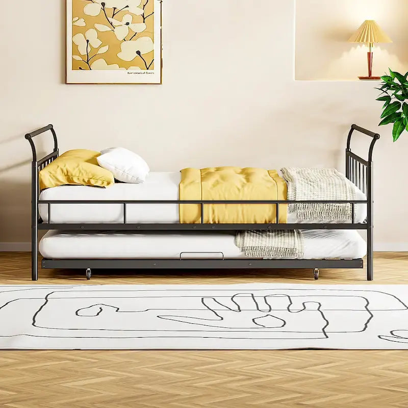 Metal Daybed with Curved Handle Design and Twin Size Trundle for Bedroom