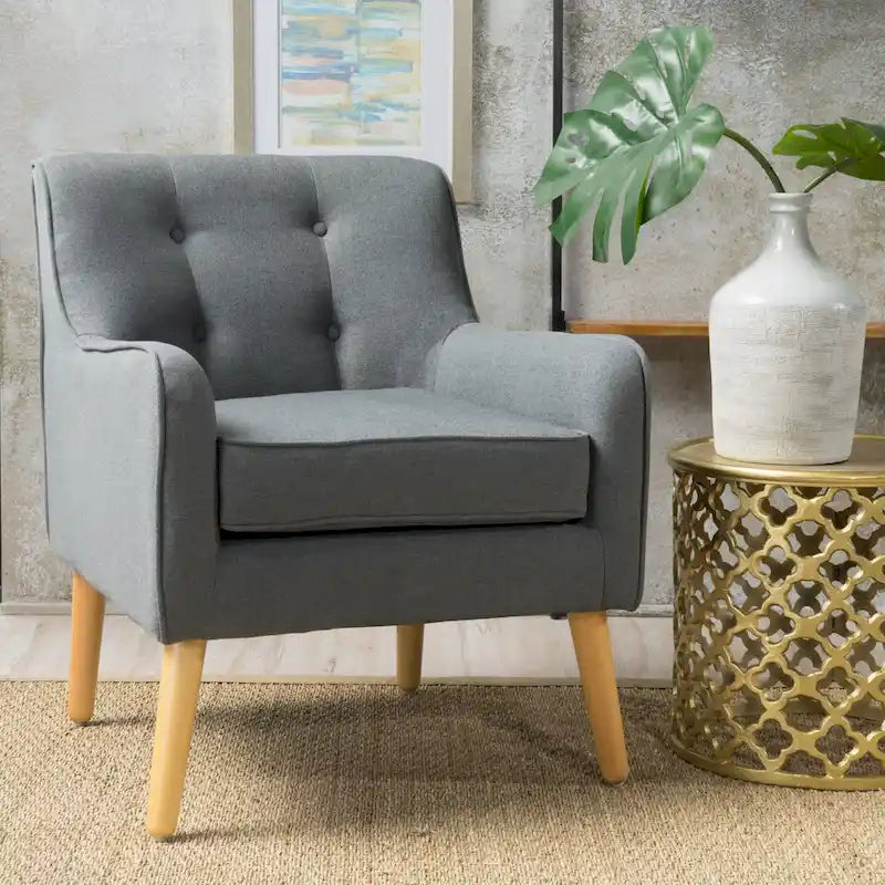 Modern 25 Upholstered Button Tufted Arm Chair with Rubber Wood Legs for Living Room
