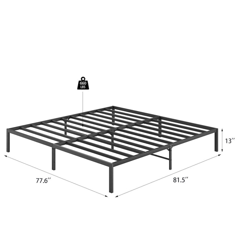 Black King Metal Platform Bed with Wave Shape Wooden Headboard