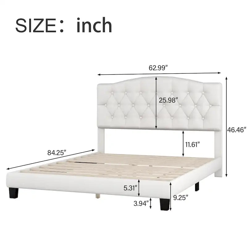 Upholstered Platform Bed with Saddle Curved Headboard and Diamond Tufted Details