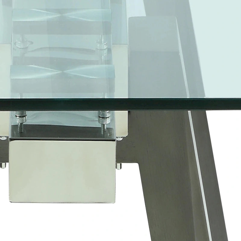 Modern Dining Table with Extendable Glass Top & Solid Wood Legs