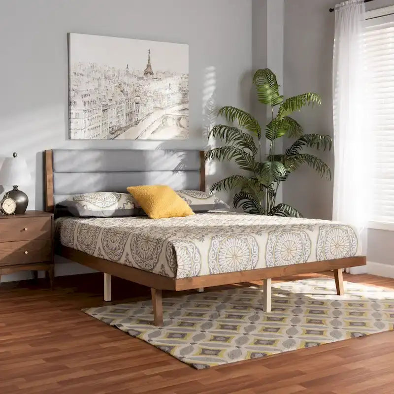 Transitional Fabric Upholstered Wood Platform Bed-Light Grey