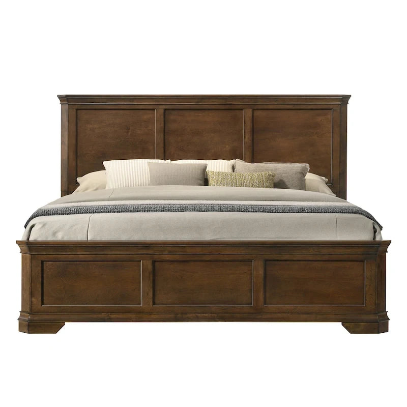 Traditional Wood Panel Bed, Antique Walnut Finish