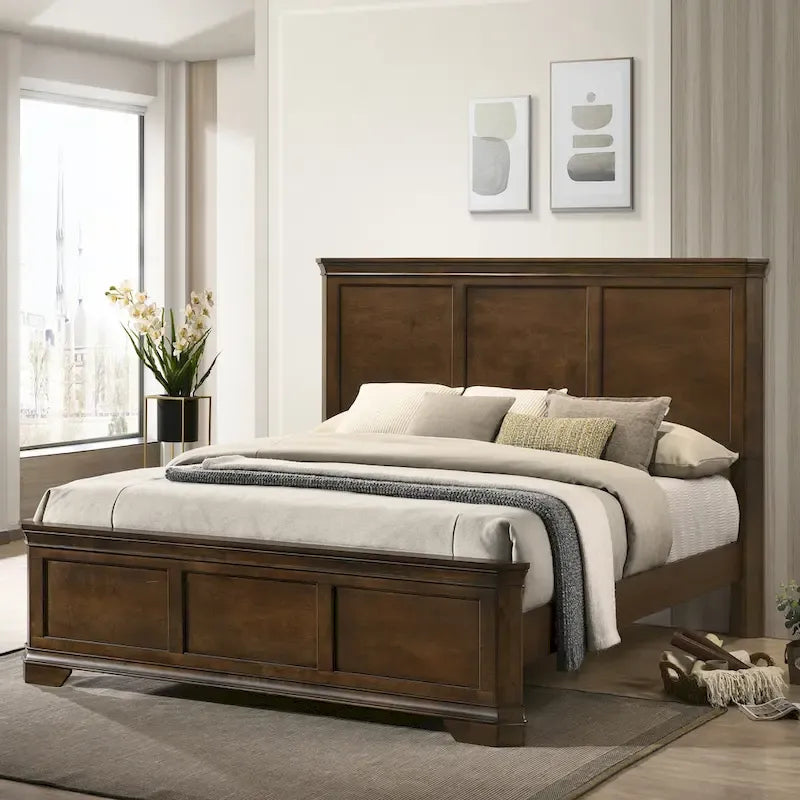 Traditional Wood Panel Bed, Antique Walnut Finish