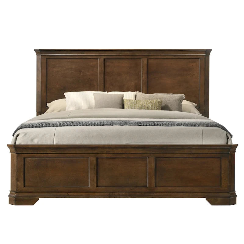 Traditional Wood Panel Bed, Antique Walnut Finish