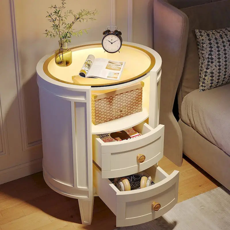 25.5 Inches Tall Round Nightstand Side Table with 2 Drawers LED Light Open Shelf for Bedroom Sofa Side