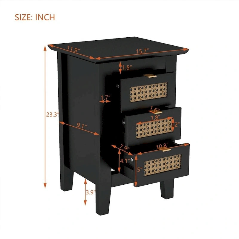 Wooden Nightstands Set of 2 with Rattan-Woven Surfaces and Three Drawers