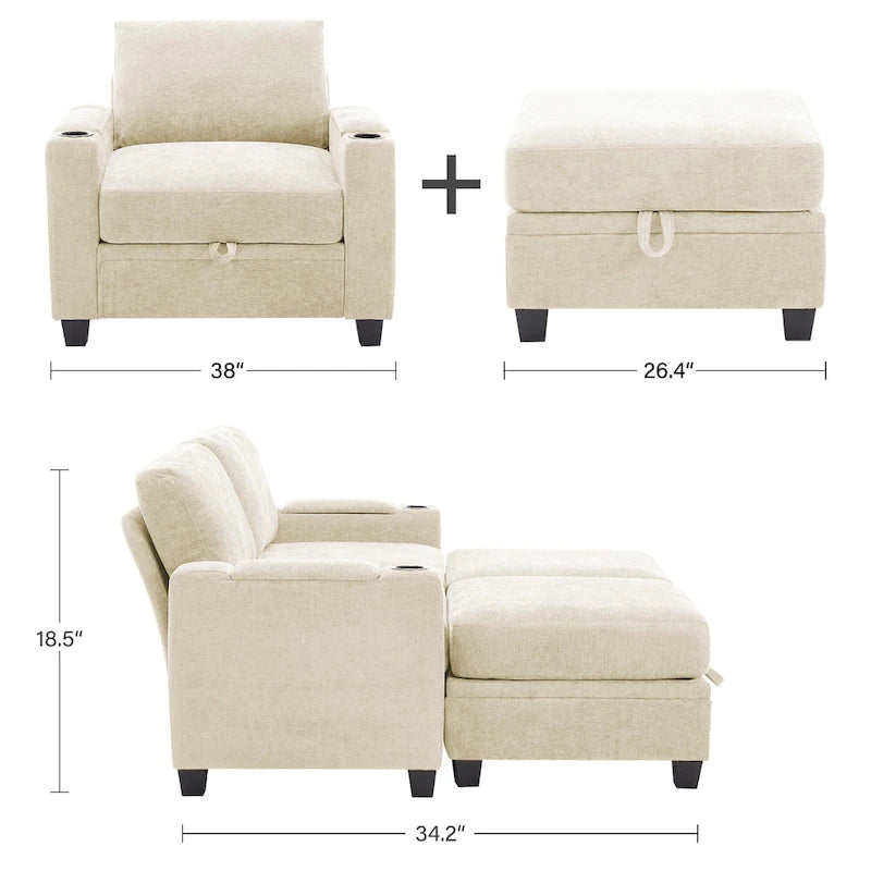 Chenille Storage Single Sofa with a Removable Ottoman