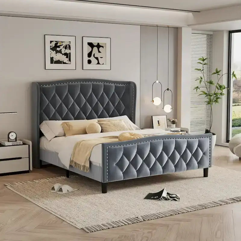 Queen Size Bed Frame,Upholstered Platform Bed with Wingback Headboard,Velvet Bed Frame,Wood Slat Support,No Box Spring Needed